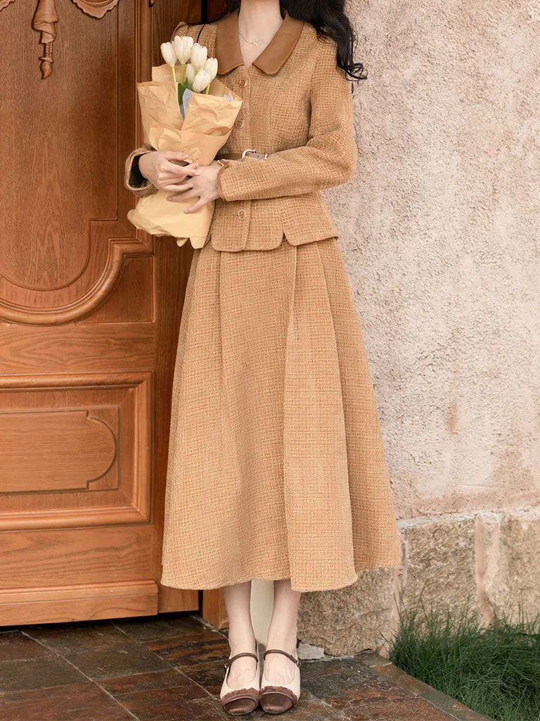 2PS Brown Houndstooth Tweed Coat With Swing Skirt 1950S Vintage Audrey Hepburn's Style Outfits