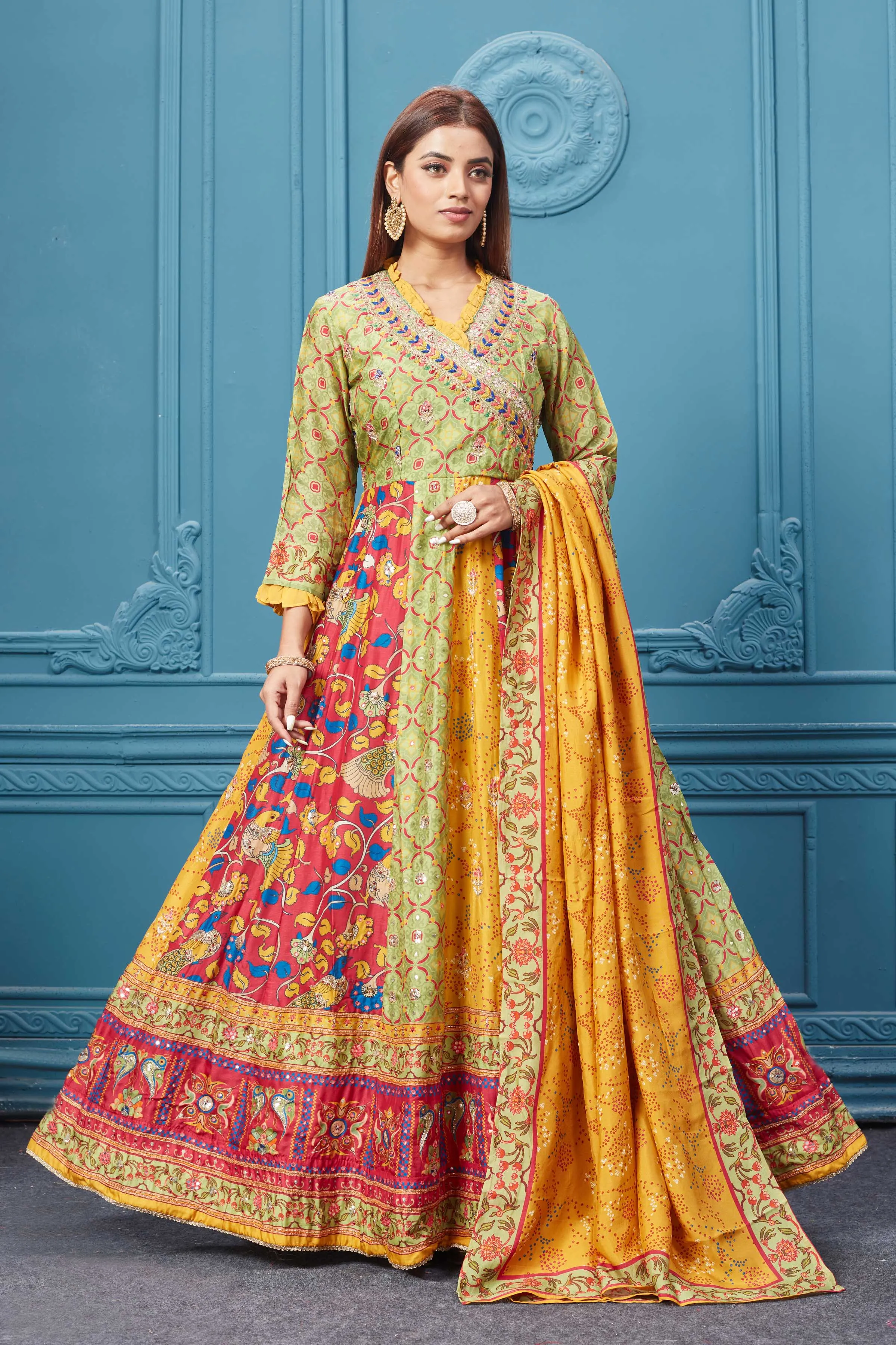 510025 Yellow Multicoloured Printed Anarkali Suit set