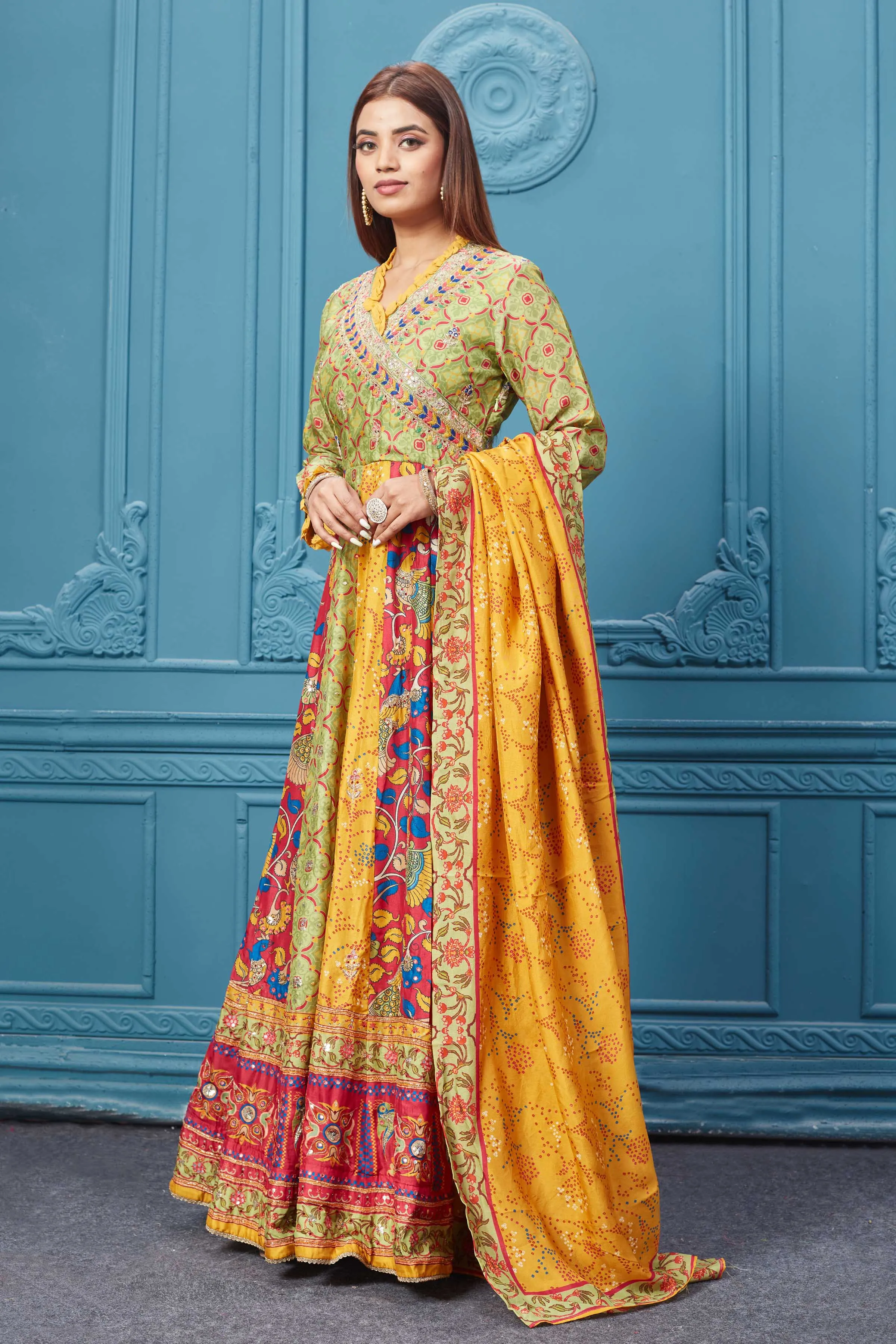 510025 Yellow Multicoloured Printed Anarkali Suit set