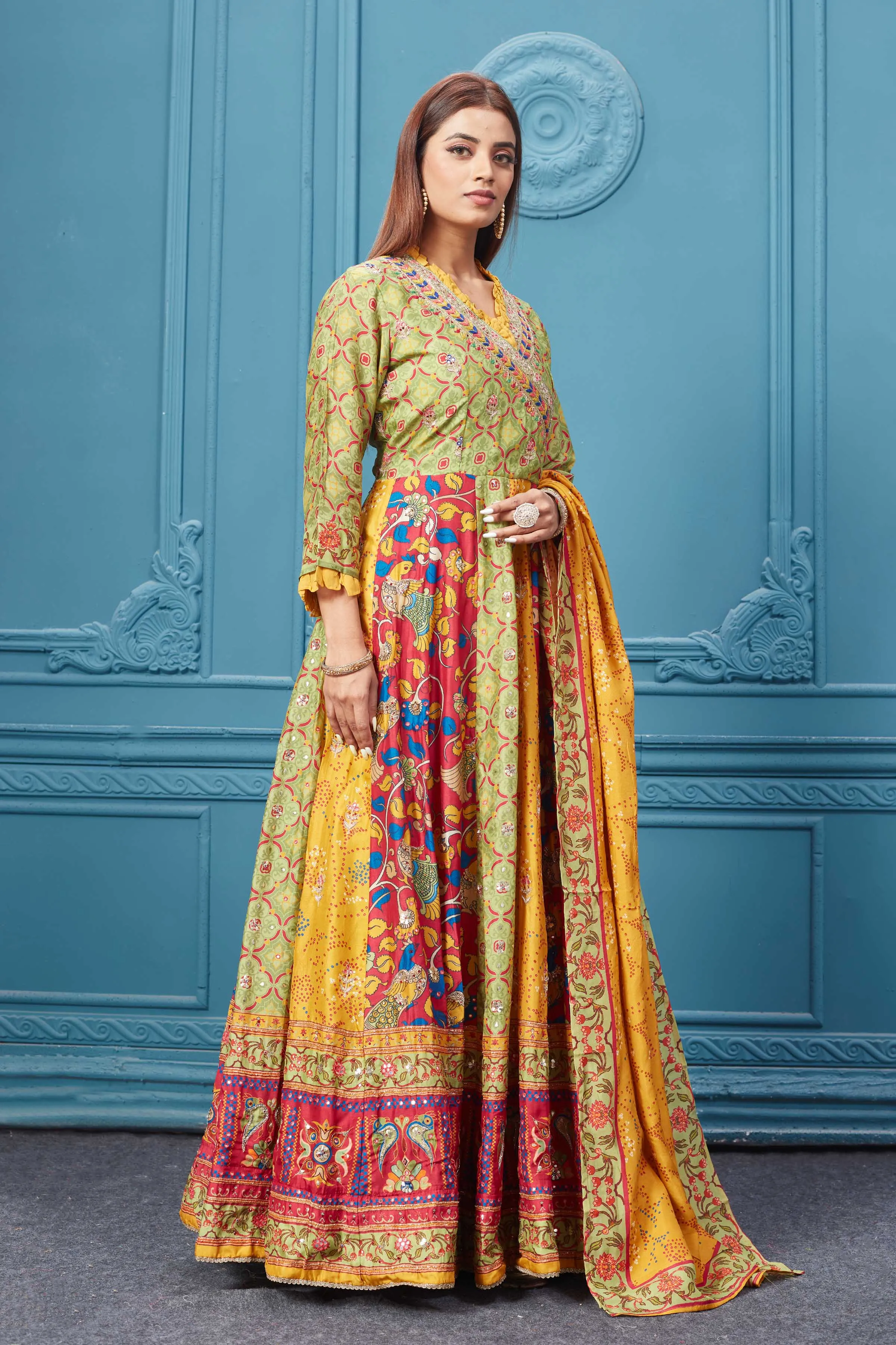 510025 Yellow Multicoloured Printed Anarkali Suit set