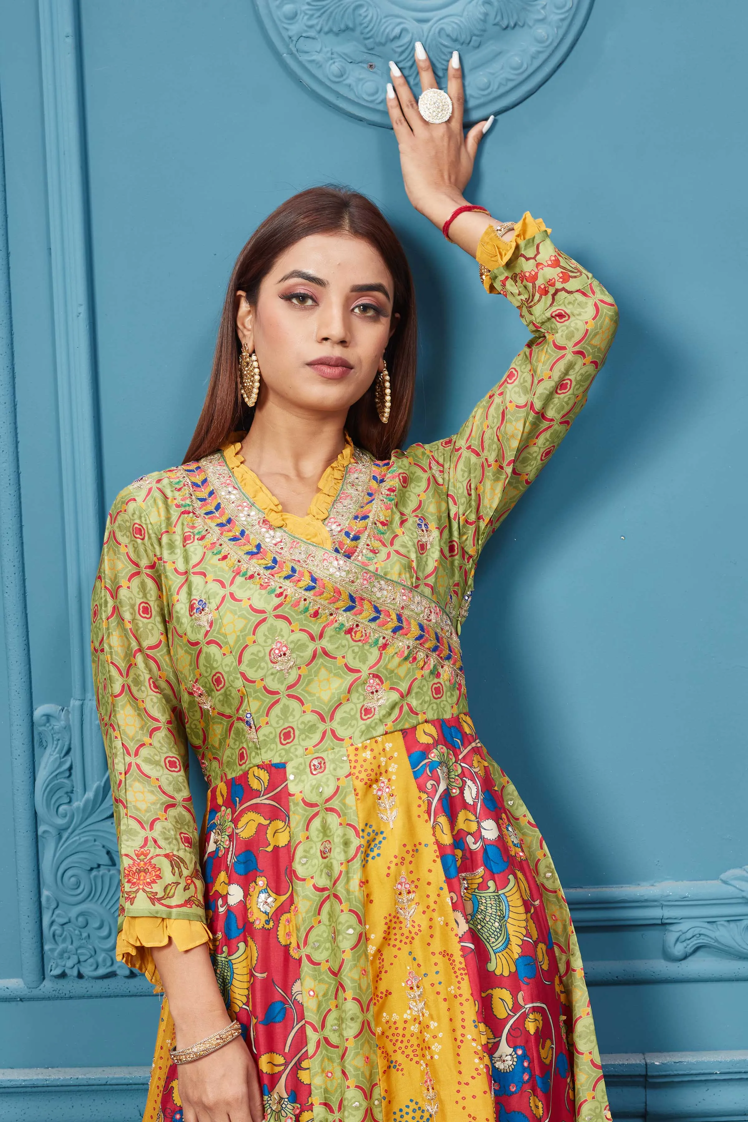 510025 Yellow Multicoloured Printed Anarkali Suit set