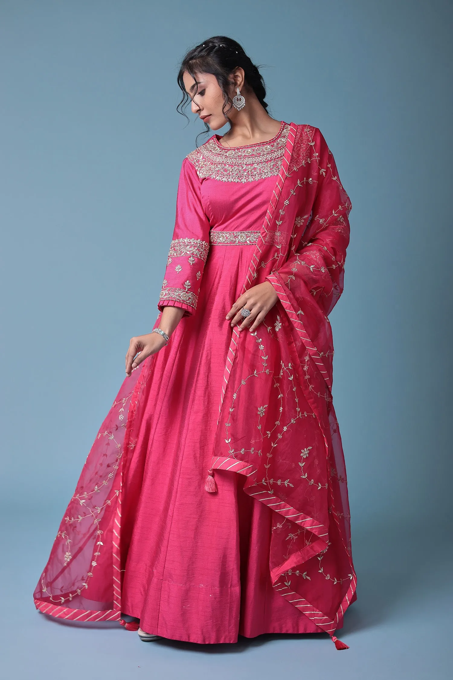 Anarkali Embellished Silk Suit with Embroidered Dupatta