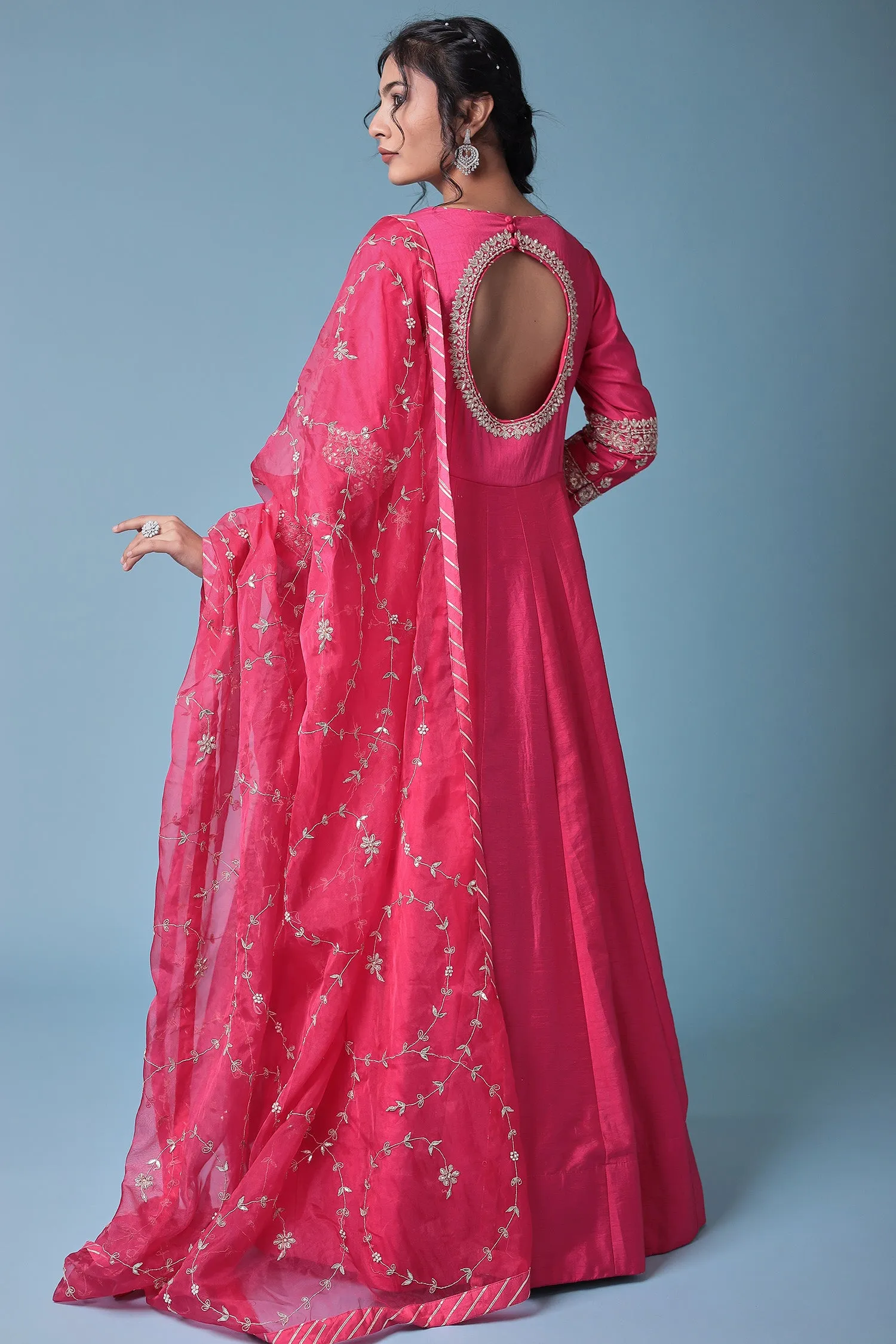 Anarkali Embellished Silk Suit with Embroidered Dupatta