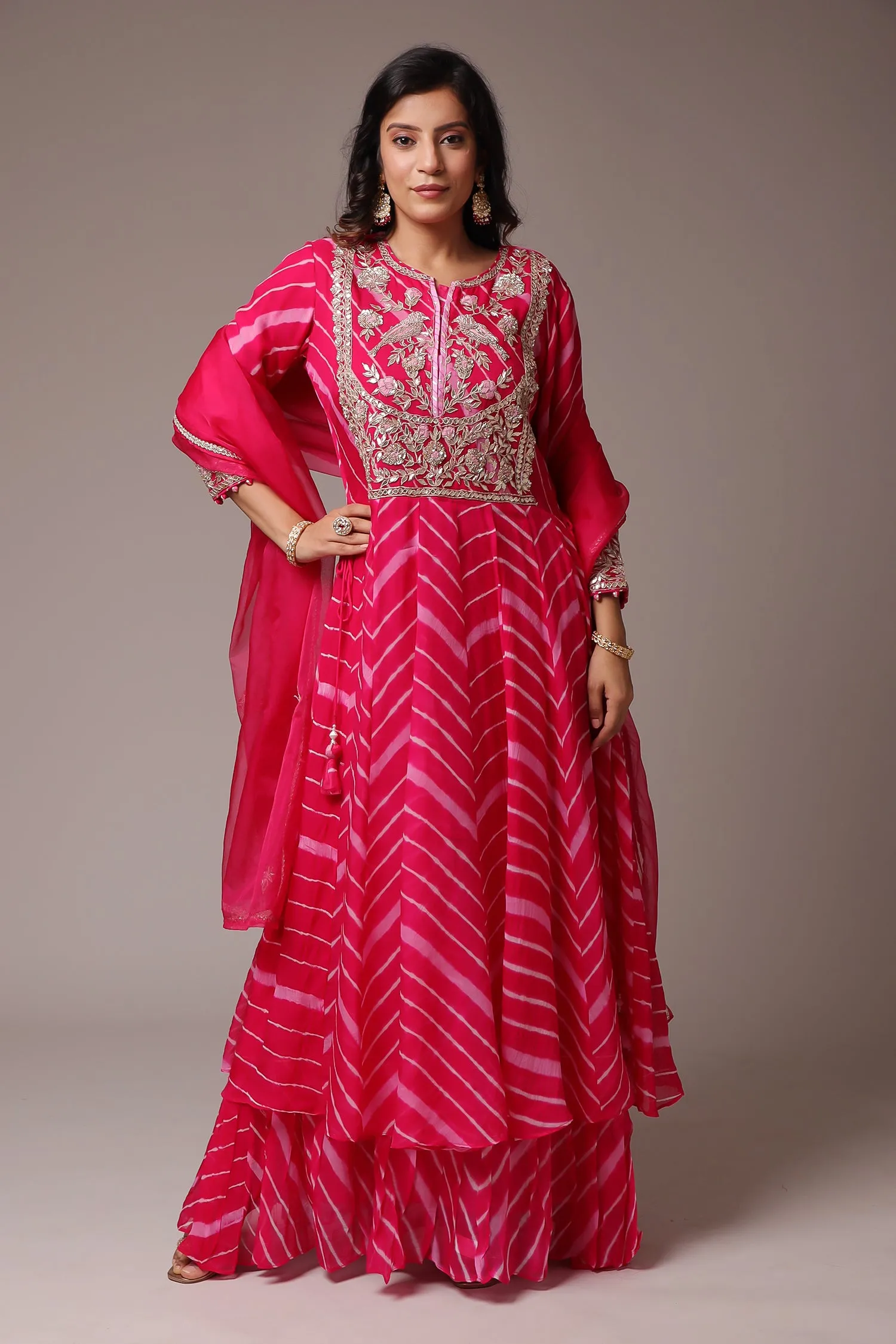 Anarkali Leheriya Organza Suit with Zardozi work.