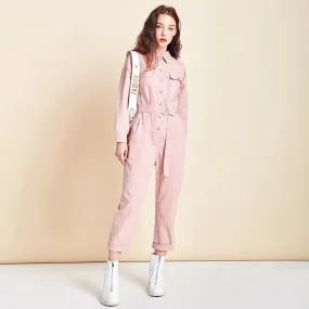 Ashore Shop New Women Jumpsuit 100% Cotton Fashion High Waist Button Jumpsuit with Belt