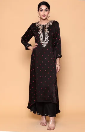 Asymmetric Bandhej Silk Suit with Gota work.