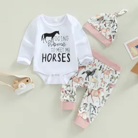 Autumn 2023 Baby Suit 0-18M Long Sleeved Letter Jumpsuit Cartoon Animal Pants Hat 3-piece Set