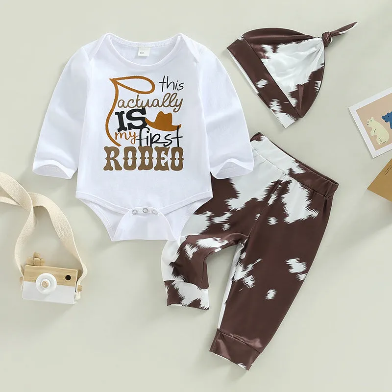 Autumn 2023 Baby Suit 0-18M Long Sleeved Letter Jumpsuit Cartoon Animal Pants Hat 3-piece Set