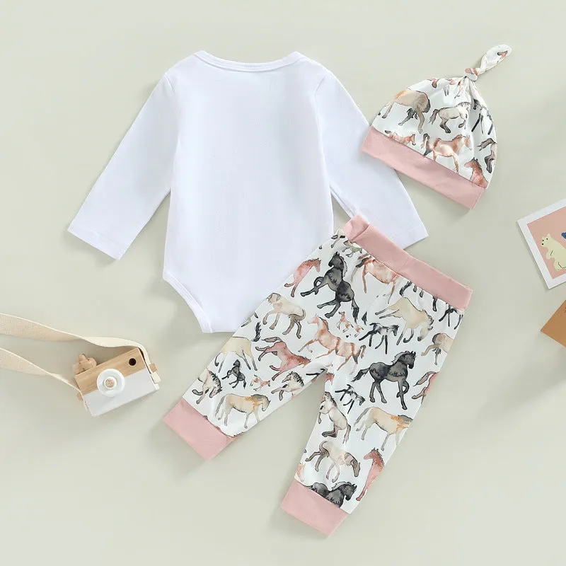 Autumn 2023 Baby Suit 0-18M Long Sleeved Letter Jumpsuit Cartoon Animal Pants Hat 3-piece Set