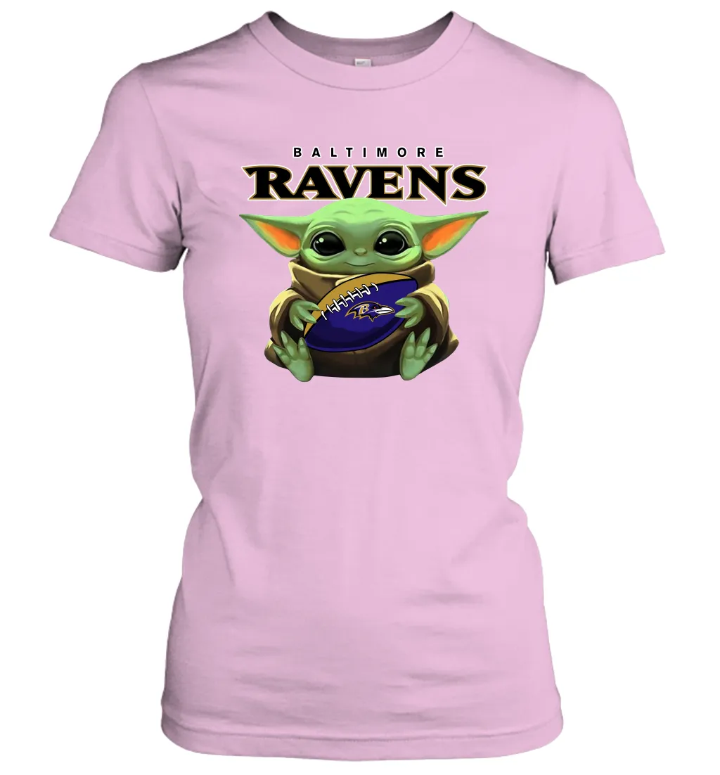 Baby Yoda Loves The Baltimore Ravens Star Wars Baby Yoda Hugs Ravens NFL Womens T-Shirt