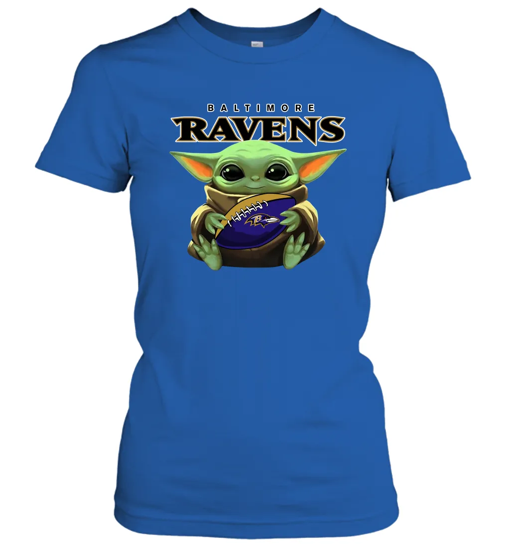 Baby Yoda Loves The Baltimore Ravens Star Wars Baby Yoda Hugs Ravens NFL Womens T-Shirt