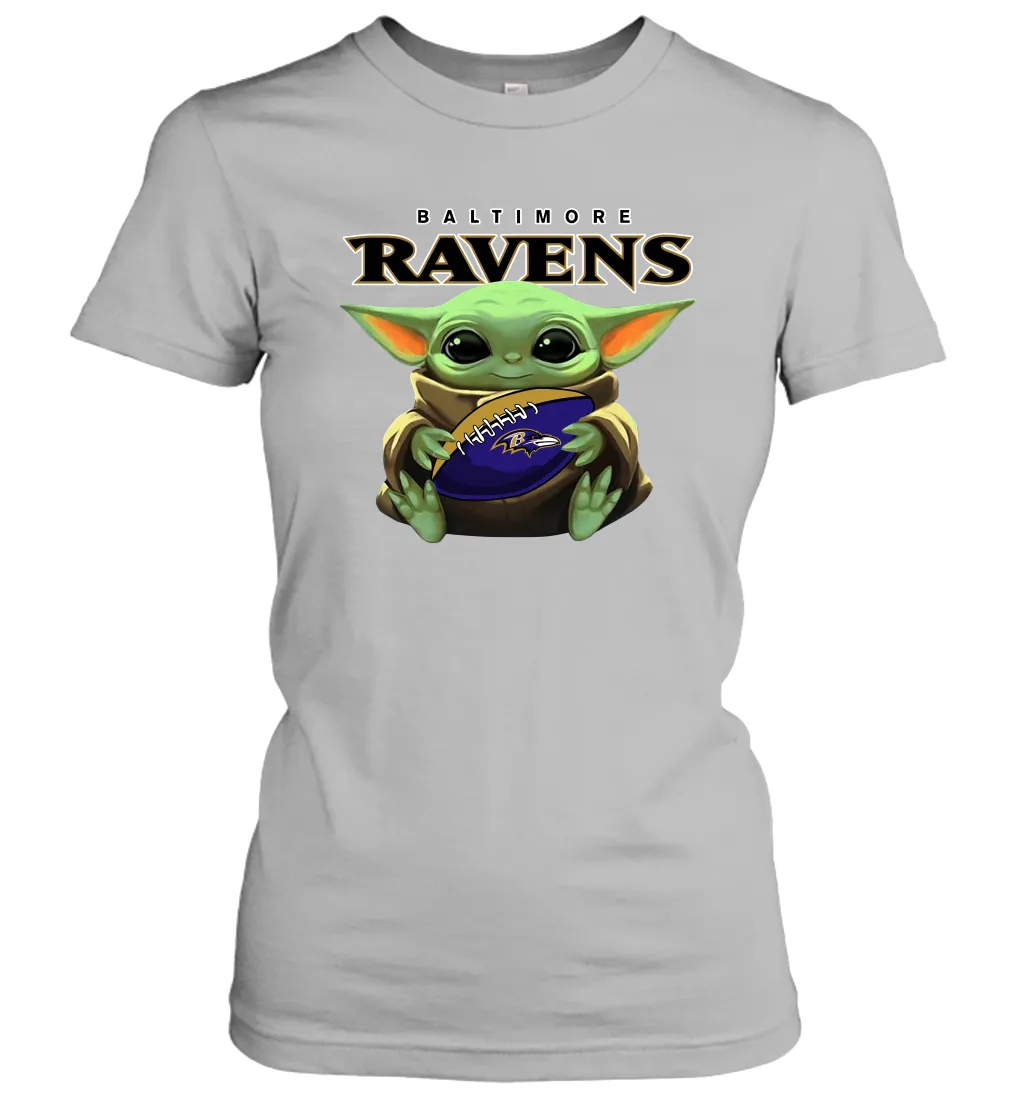 Baby Yoda Loves The Baltimore Ravens Star Wars Baby Yoda Hugs Ravens NFL Womens T-Shirt