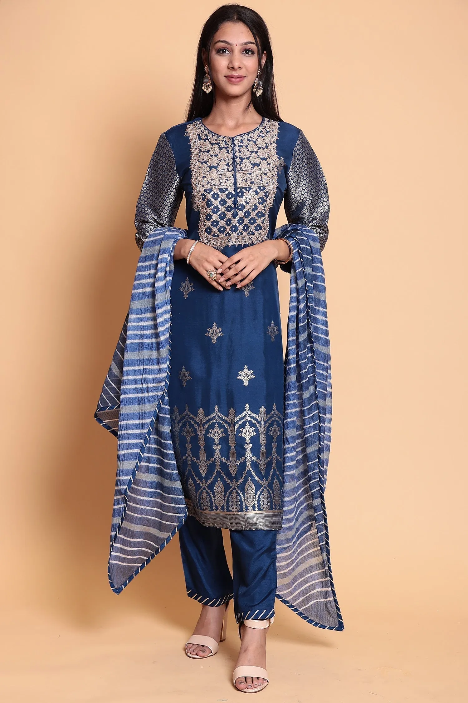 Banarasi Cotton silk Suit Stitched with Gota Patti work.