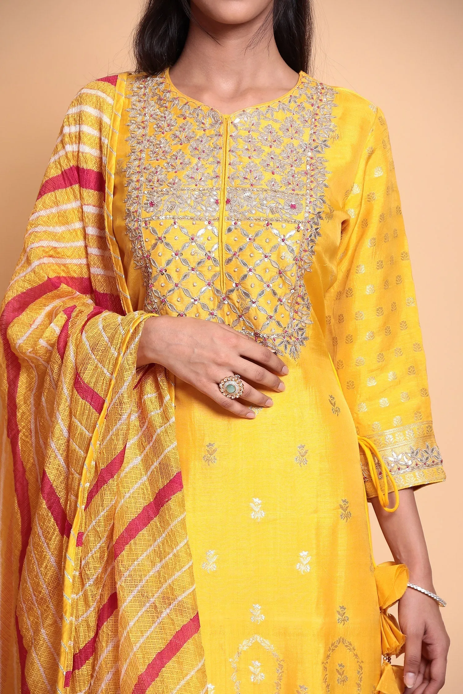 Banarasi Cotton silk Suit Stitched with Gota Patti work.