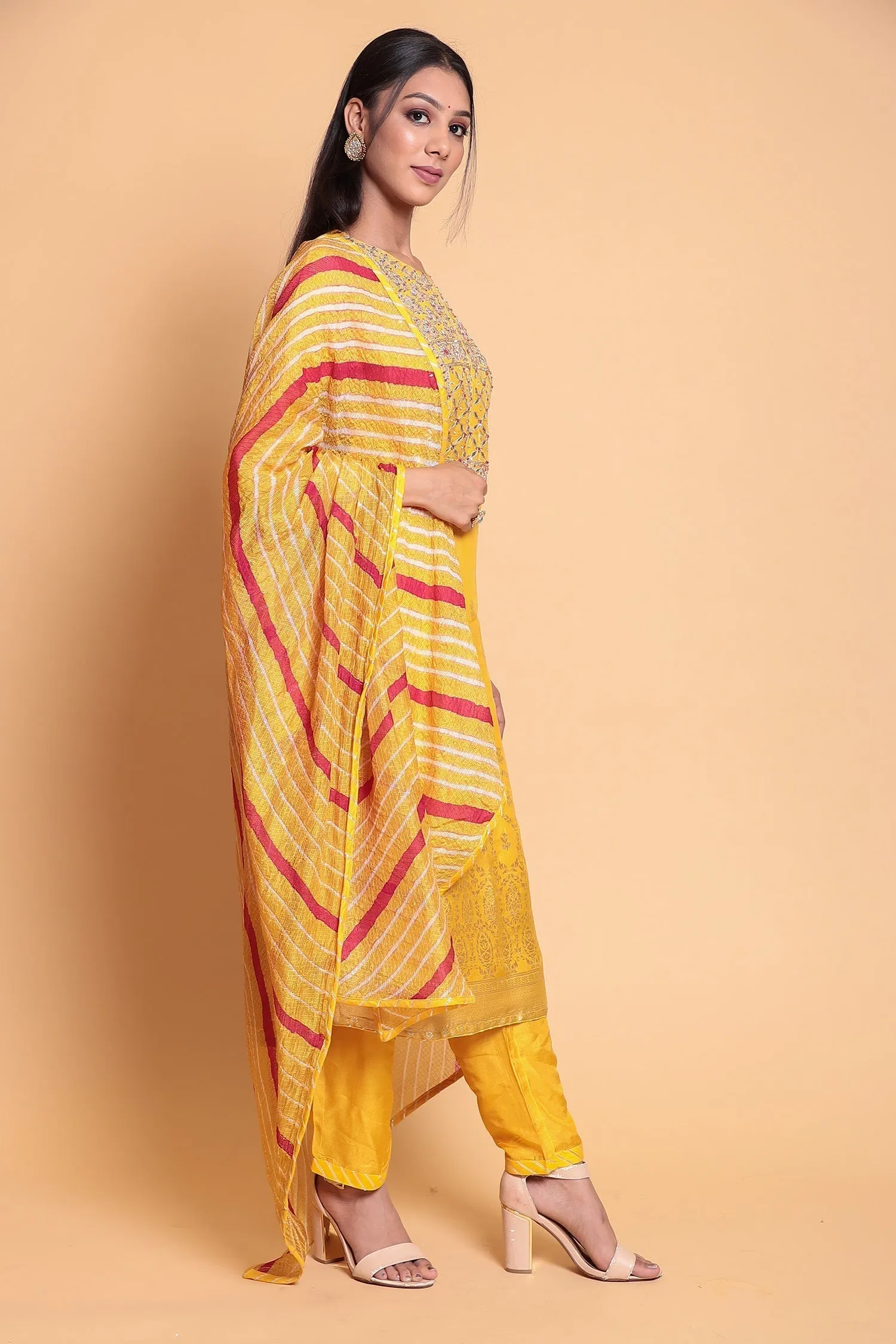 Banarasi Cotton silk Suit Stitched with Gota Patti work.