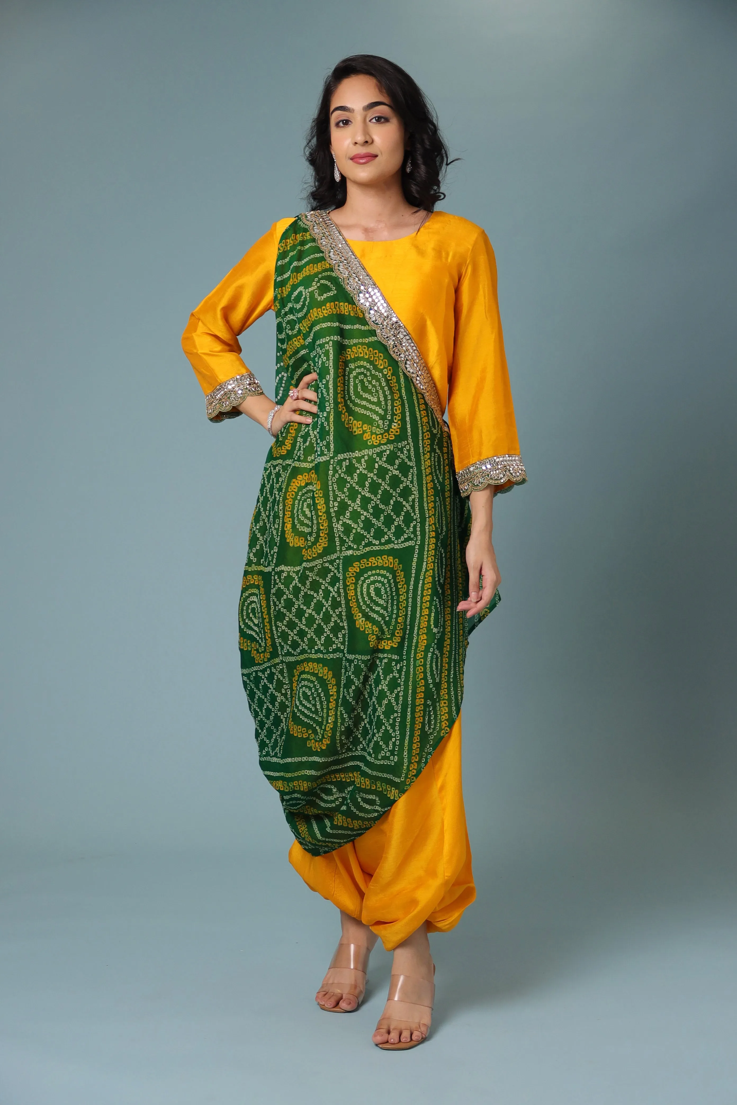 Bandhej Chanderi Indowestern Embellished with Mirror work.