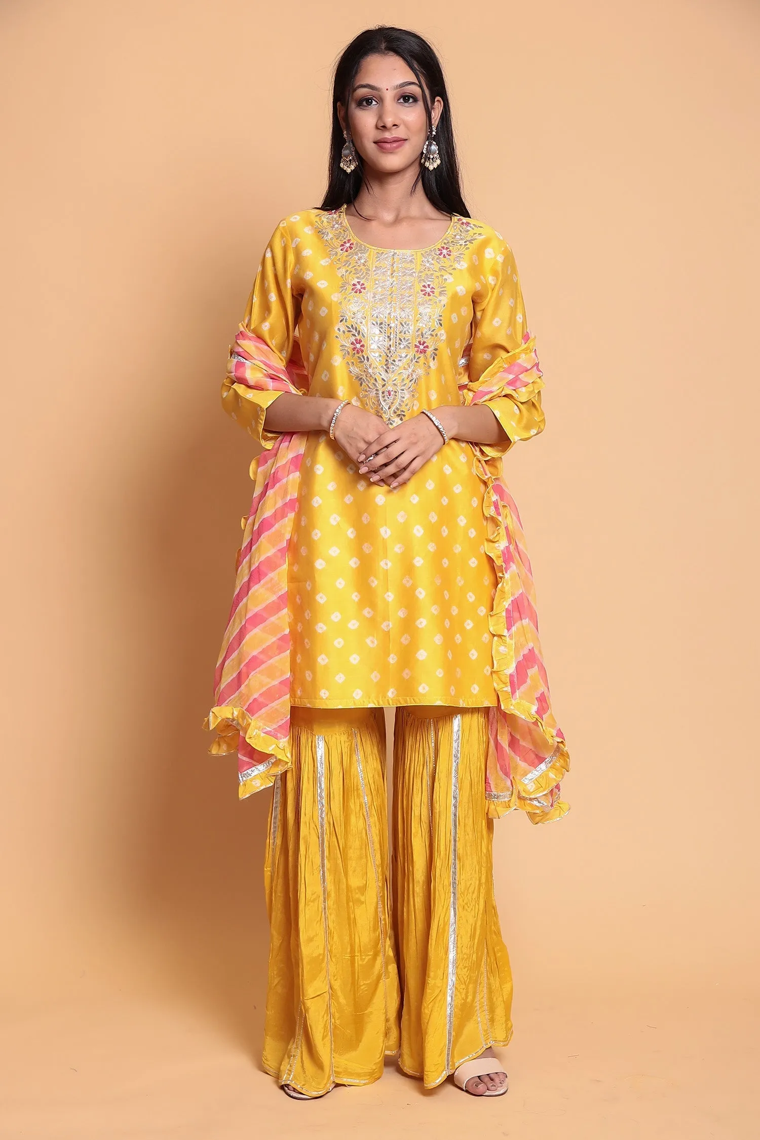 Bandhej Chanderi silk Suit Stitched with Gota Patti work.