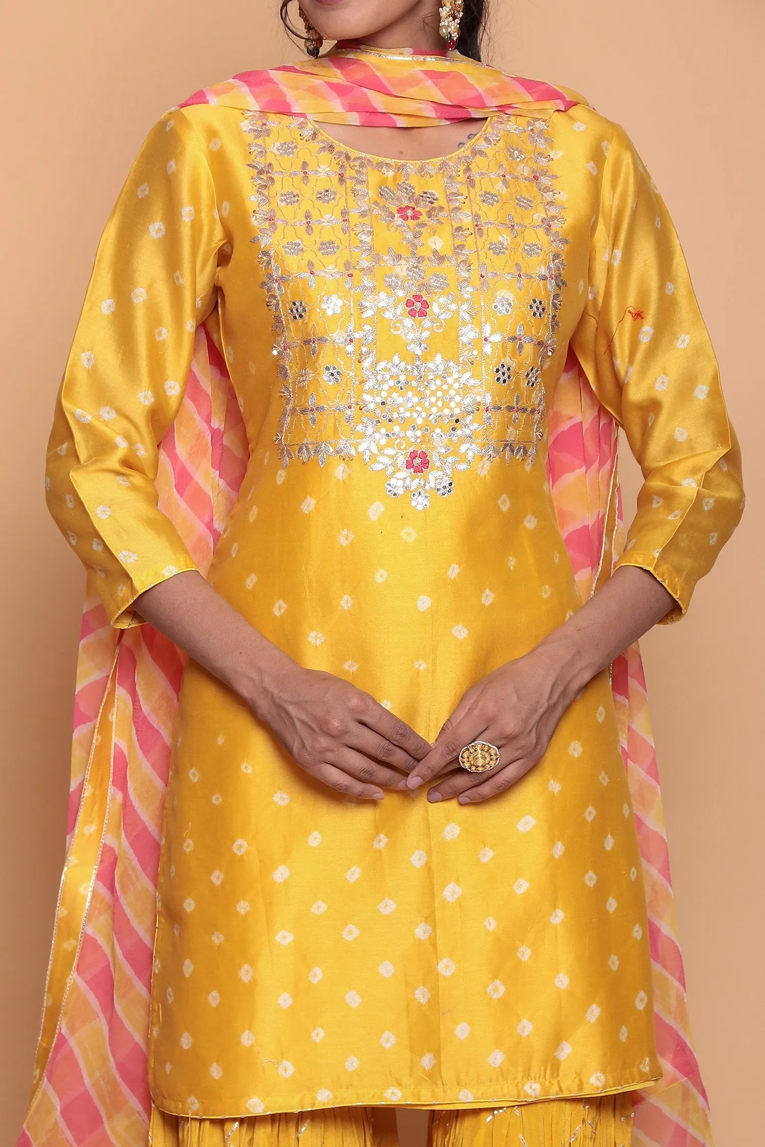 Bandhej Chanderi Silk Suit with Gota Patti work.