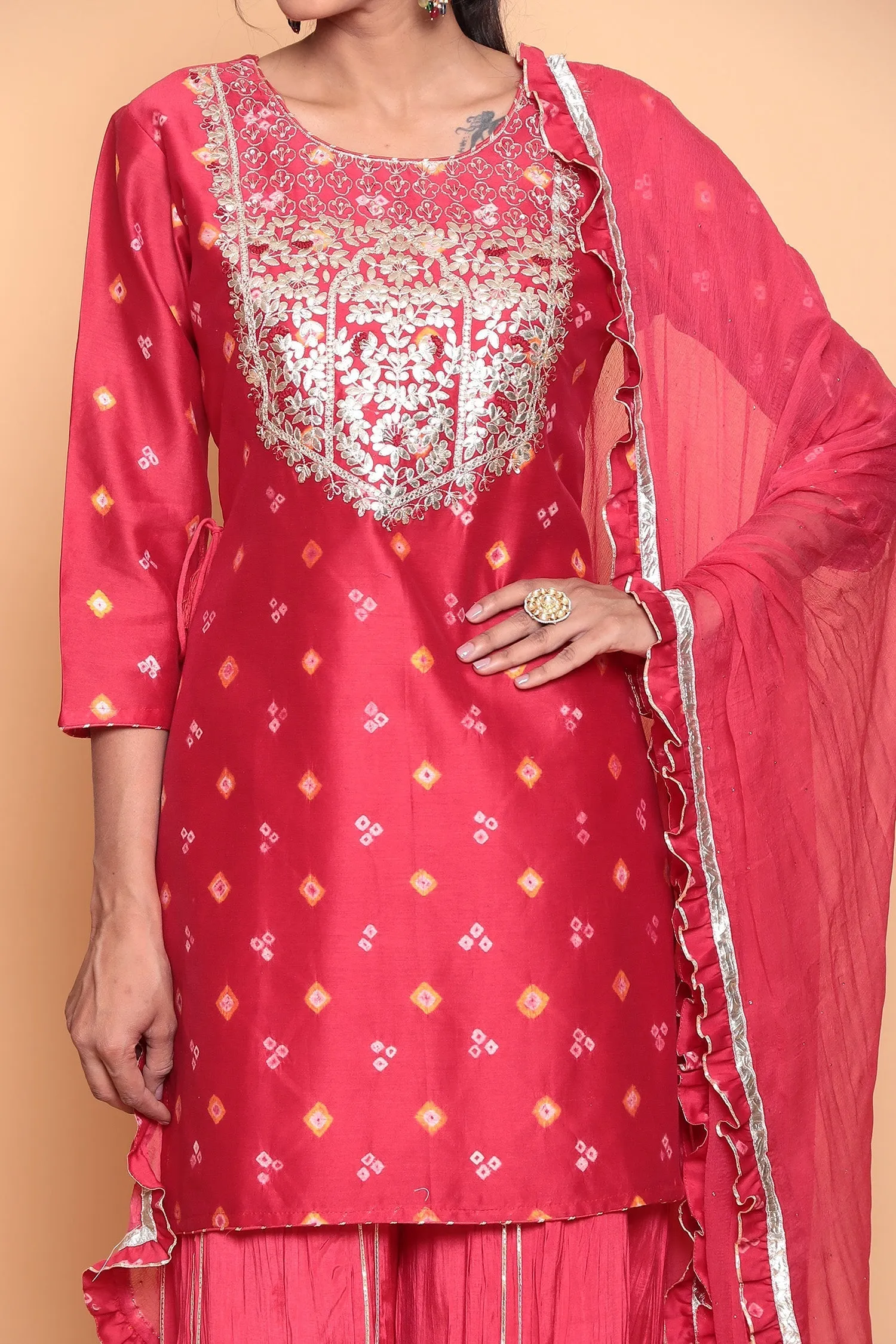 Bandhej Chanderi Suit with Gota Patti work.