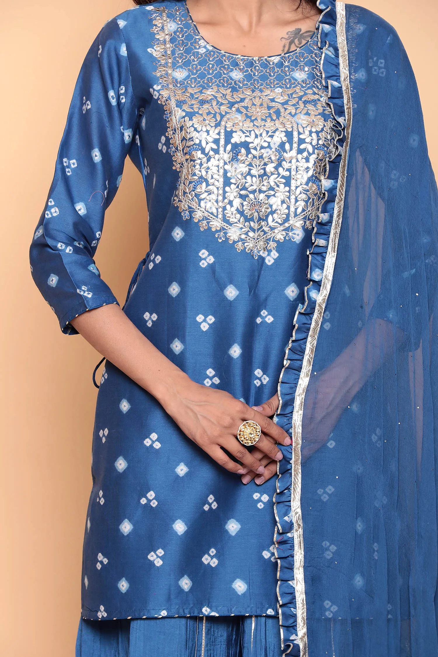 Bandhej Chanderi Suit with Gota Patti work.