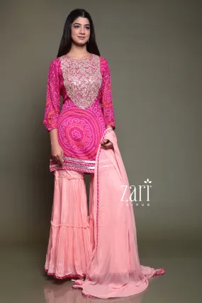 Bandhej Chinon silk Suit with Aari, Gota Patti, Pearl, Sequins, Thread, Zardozi work.