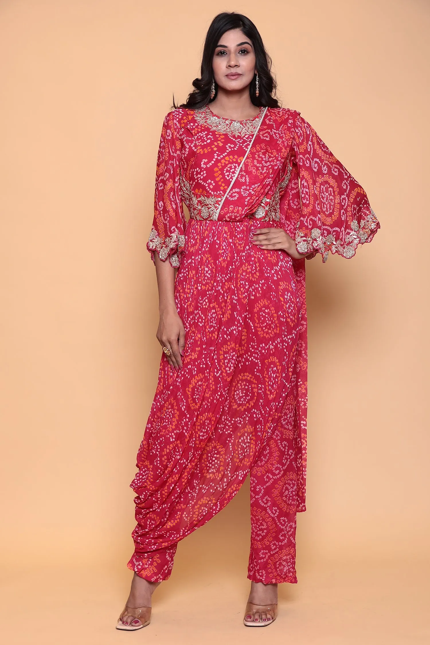 Bandhej Georgette Jump Suit with Gota Patti work.