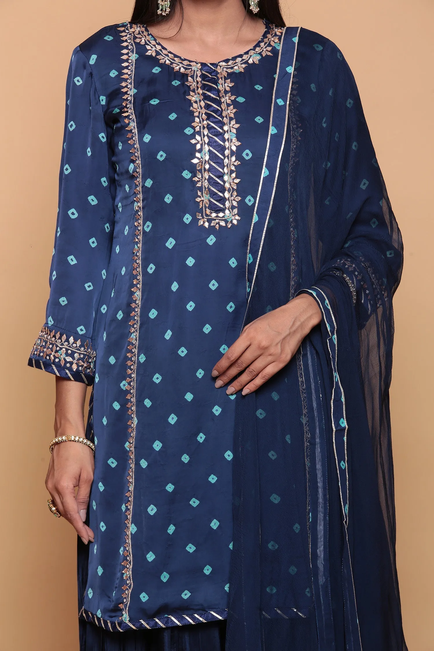 Bandhej Satin silk Suit  with Gota work.