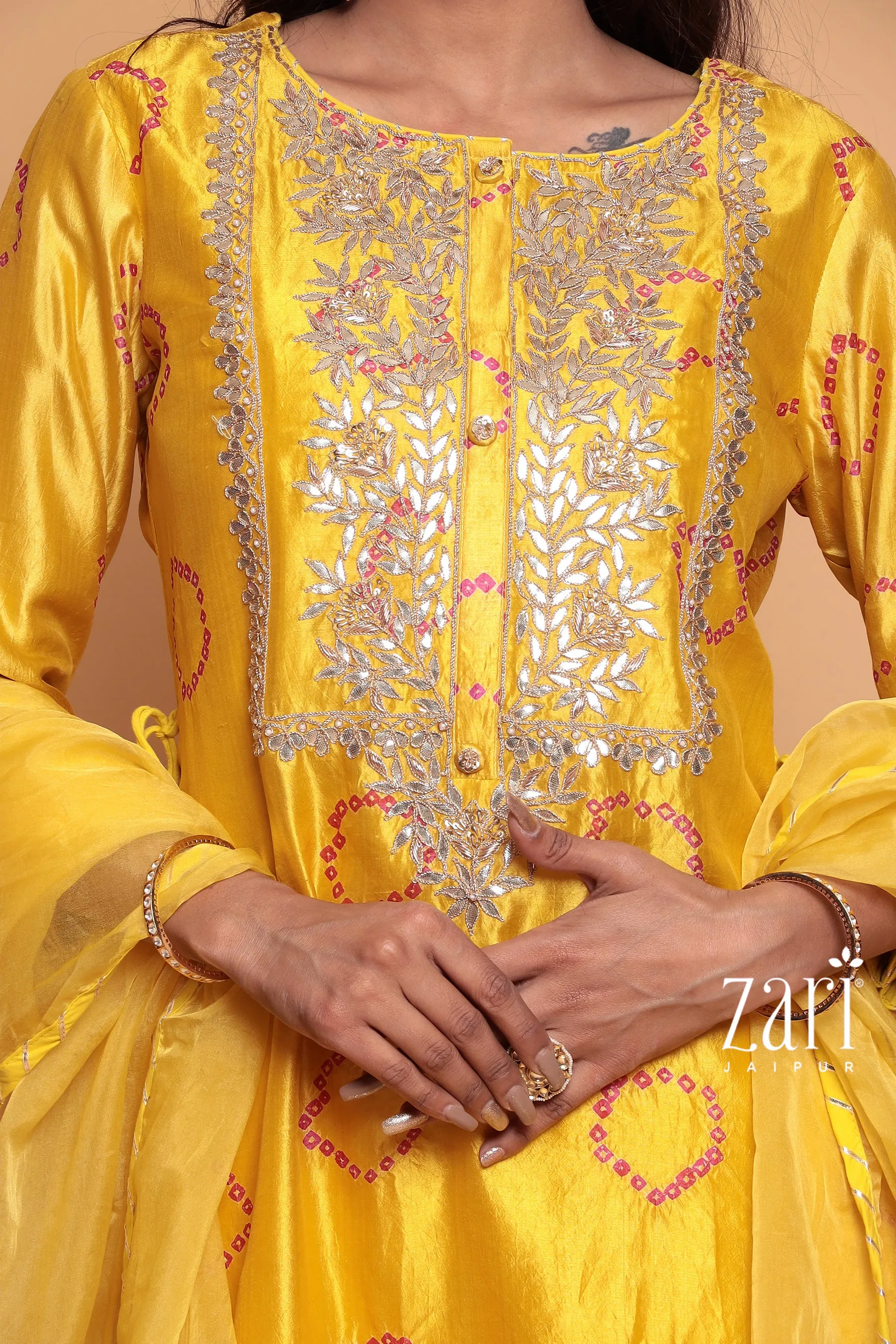 Bandhej  Silk Suit with Dori, Gota Patti, Pearl, Sequins, Zardozi work.