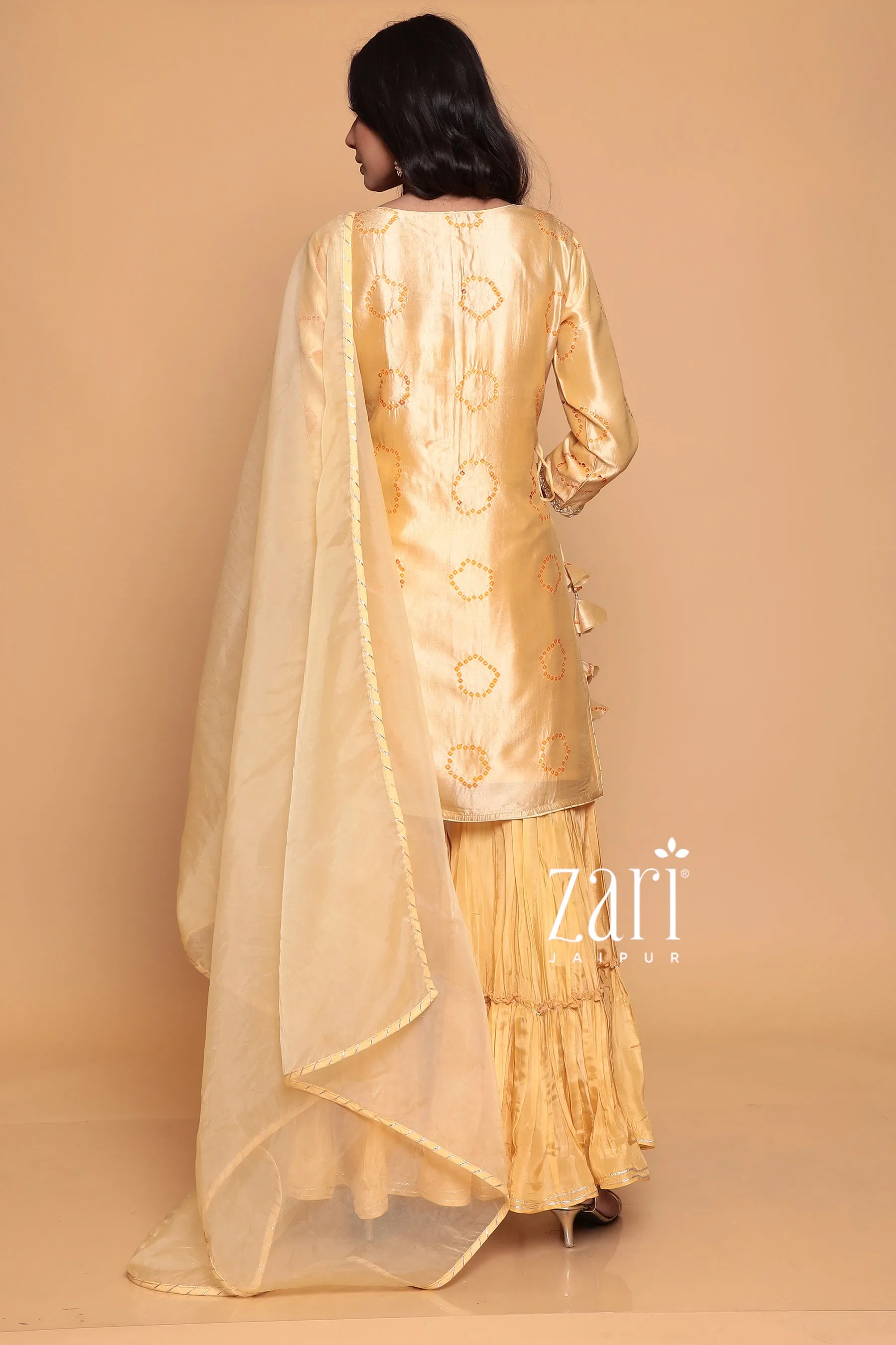 Bandhej  Silk Suit with Dori, Gota Patti, Pearl, Sequins, Zardozi work.