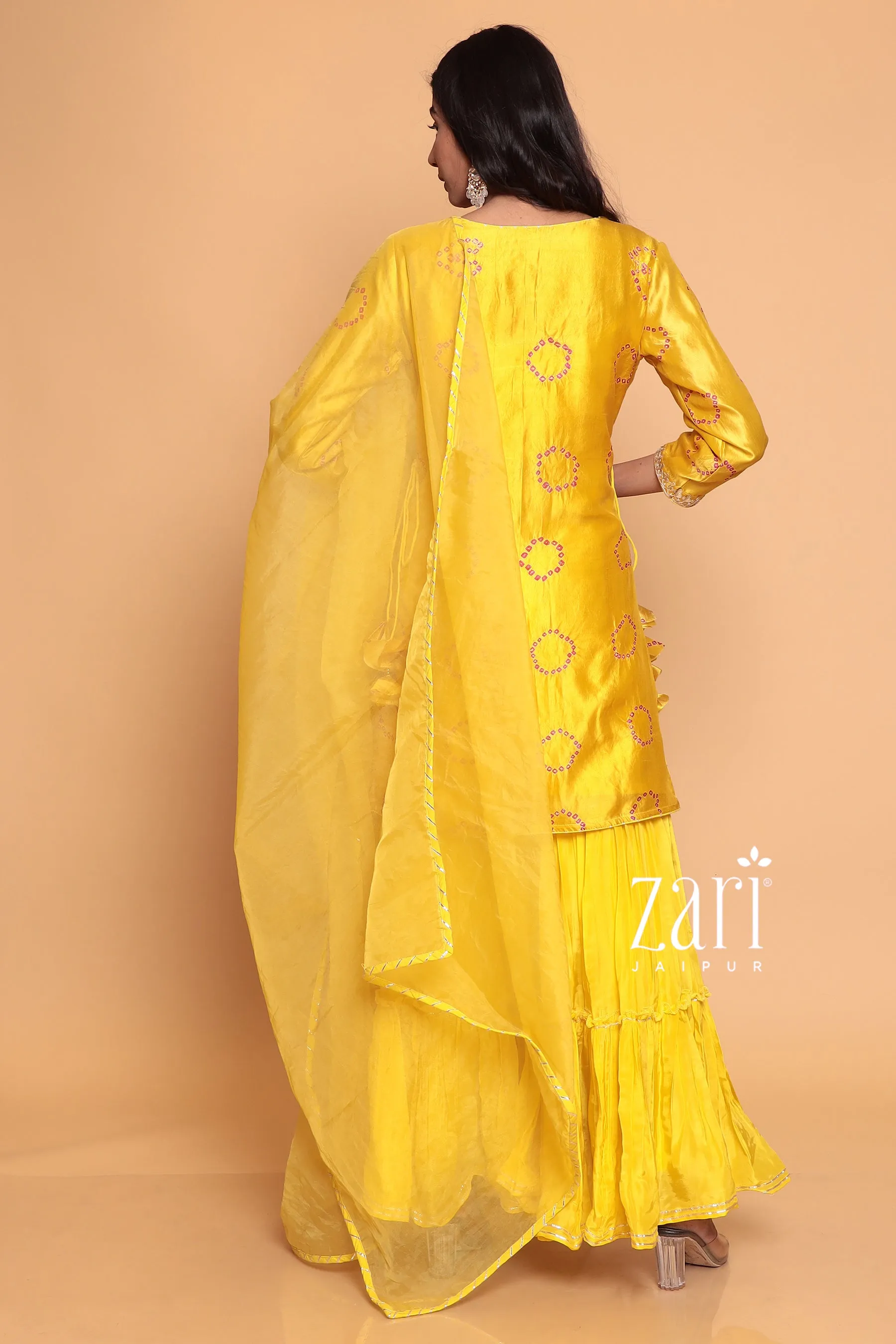 Bandhej  Silk Suit with Dori, Gota Patti, Pearl, Sequins, Zardozi work.