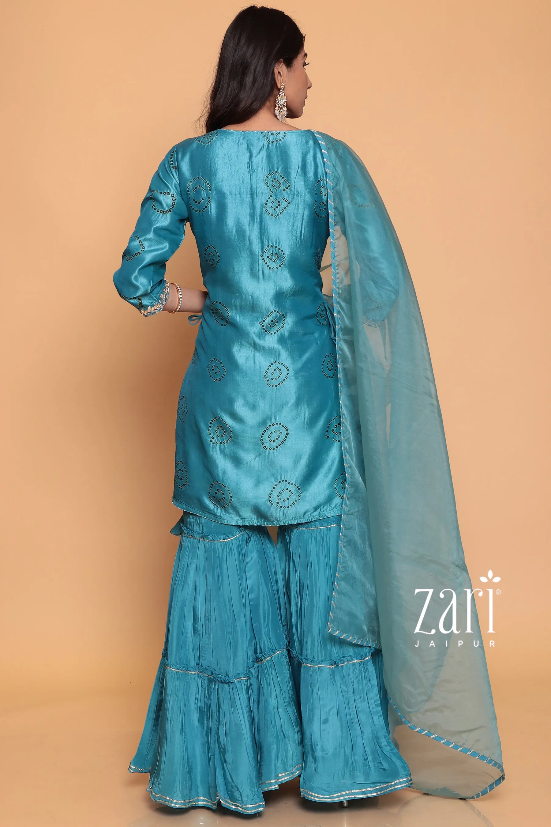 Bandhej  Silk Suit with Dori, Gota Patti, Pearl, Sequins, Zardozi work.