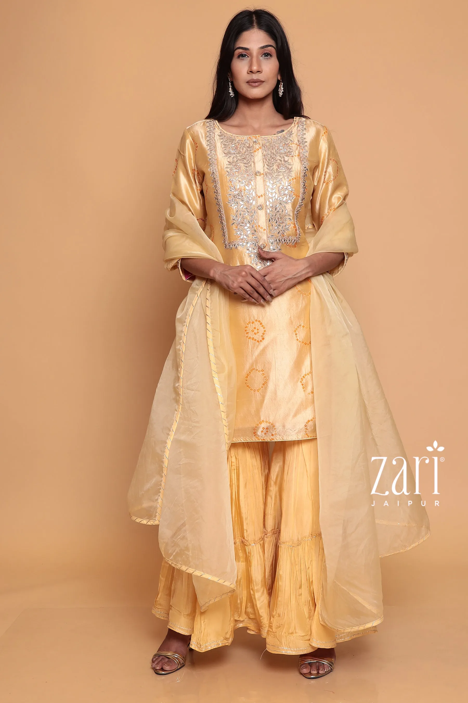 Bandhej  Silk Suit with Dori, Gota Patti, Pearl, Sequins, Zardozi work.