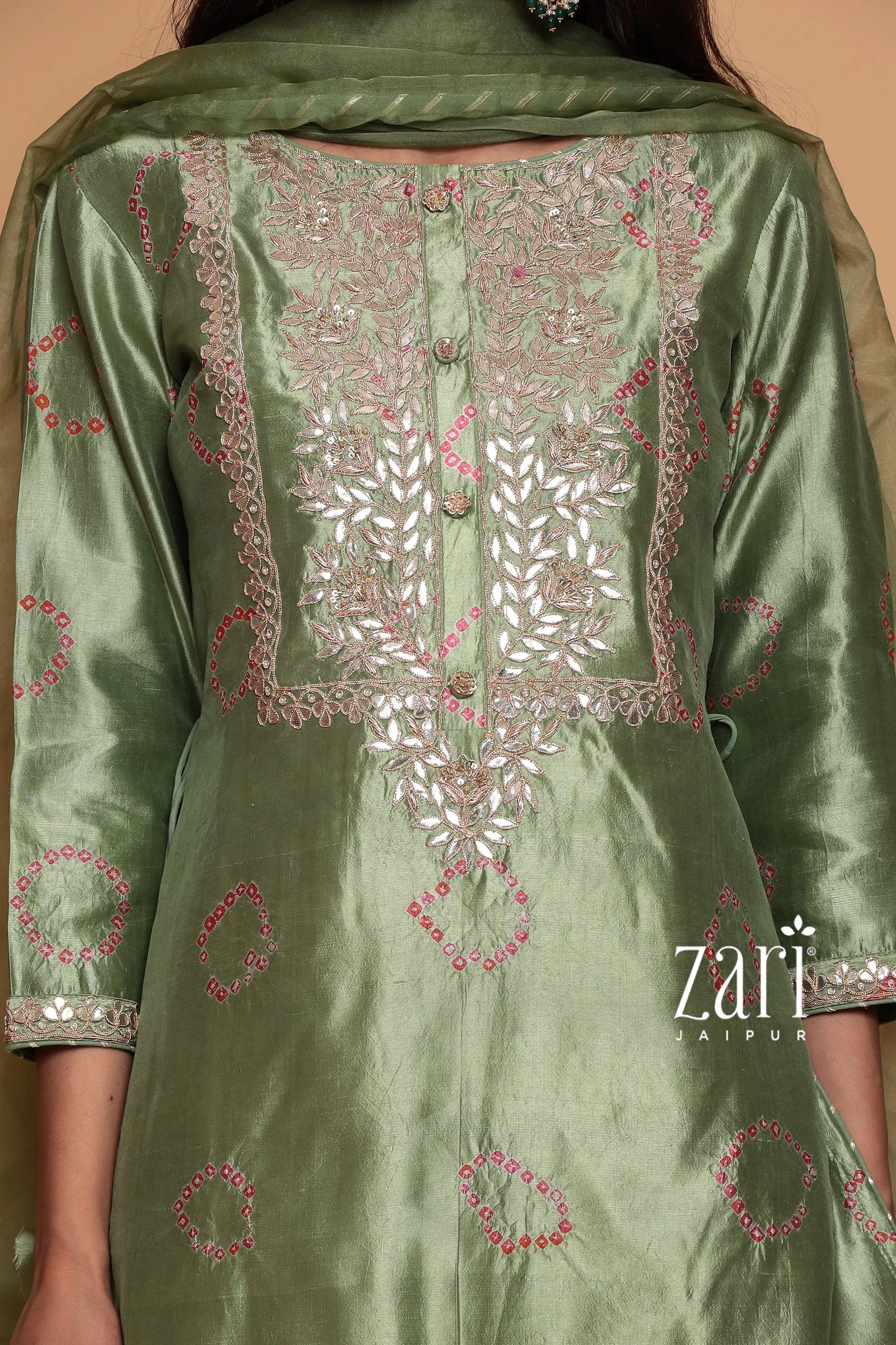 Bandhej  Silk Suit with Dori, Gota Patti, Pearl, Sequins, Zardozi work.