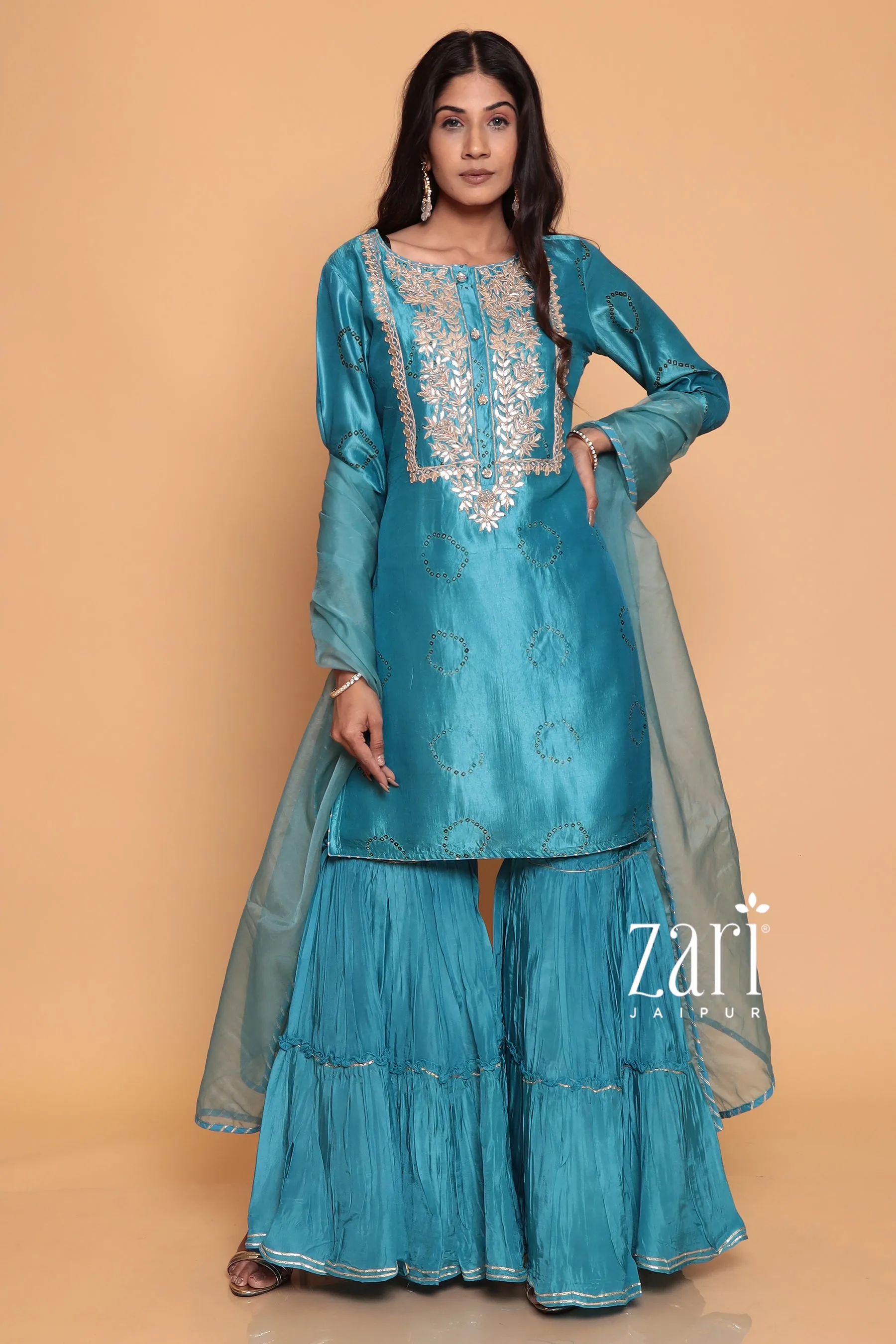 Bandhej  Silk Suit with Dori, Gota Patti, Pearl, Sequins, Zardozi work.