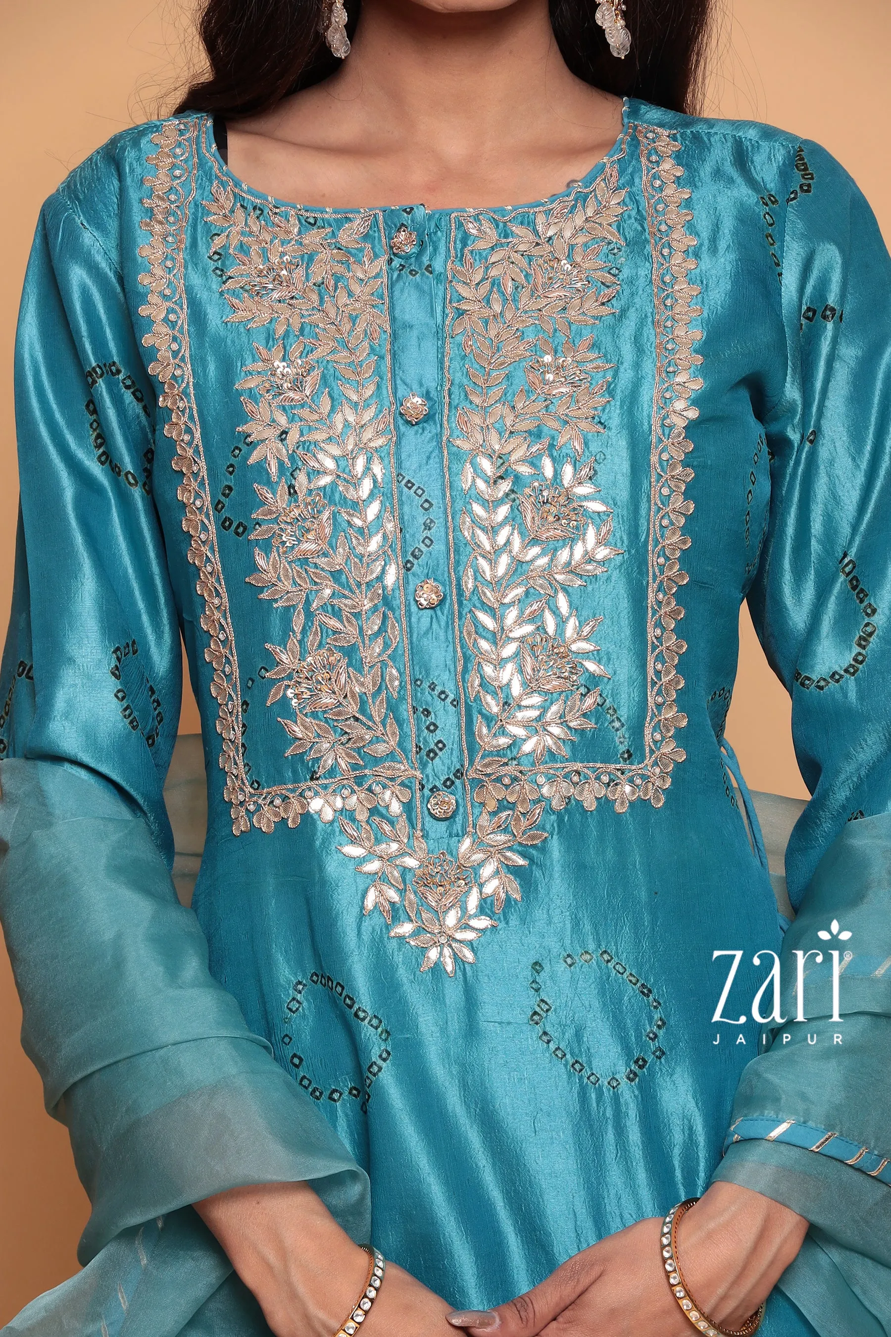 Bandhej  Silk Suit with Dori, Gota Patti, Pearl, Sequins, Zardozi work.