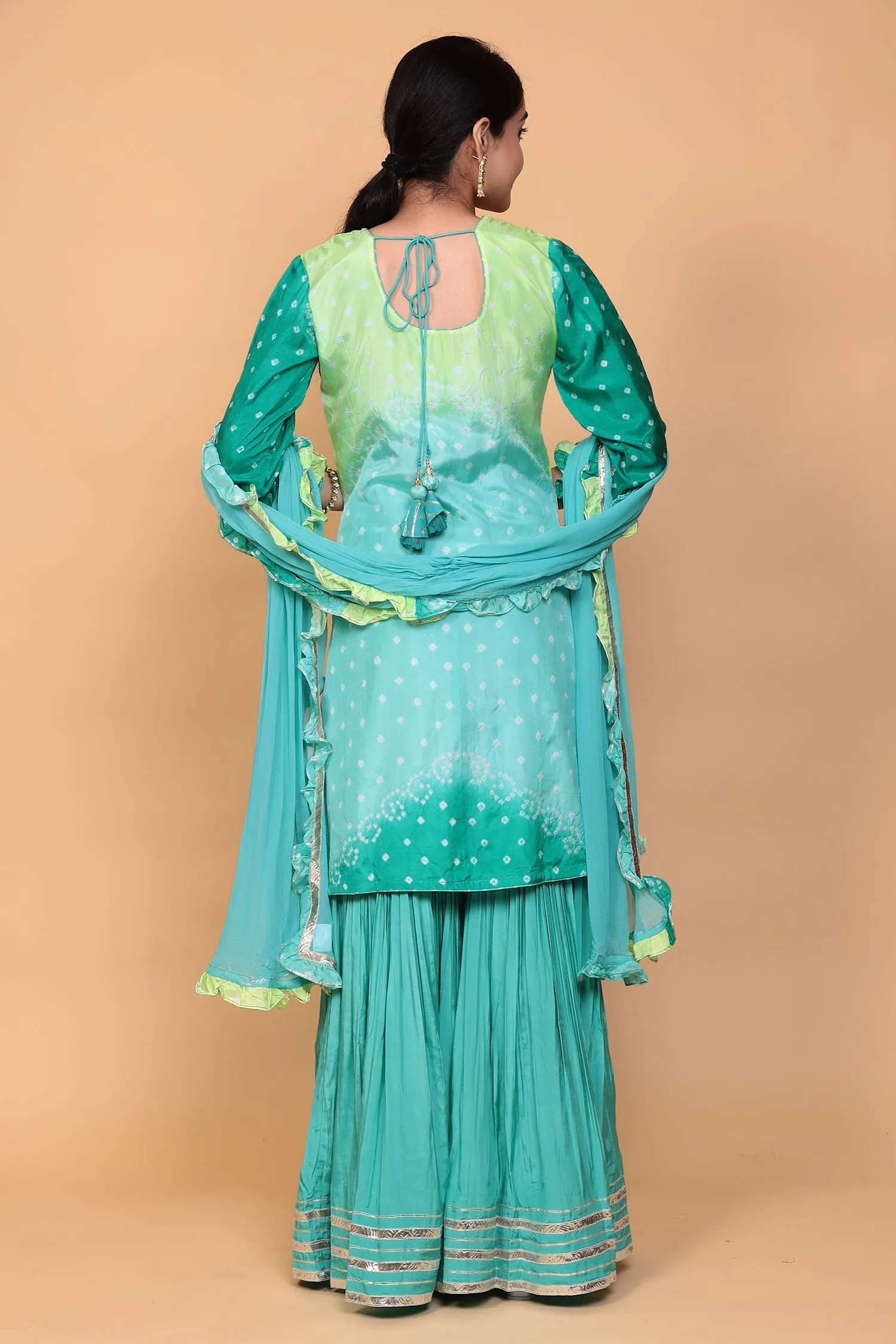 Bandhej Silk Suit with Dori, Gota Patti work.