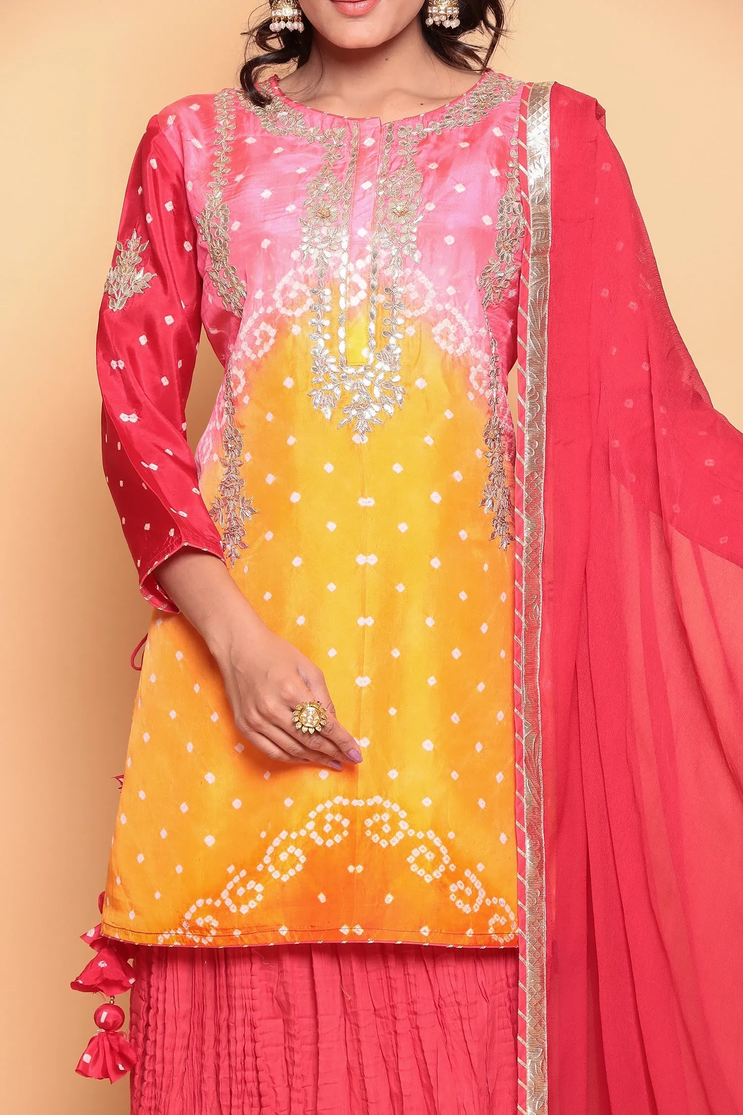 Bandhej Silk Suit with Gota Patti work.