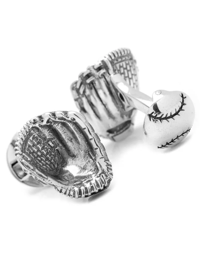 Baseball Glove 3D Cufflinks - Sterling Silver - Baseball Backing Closure