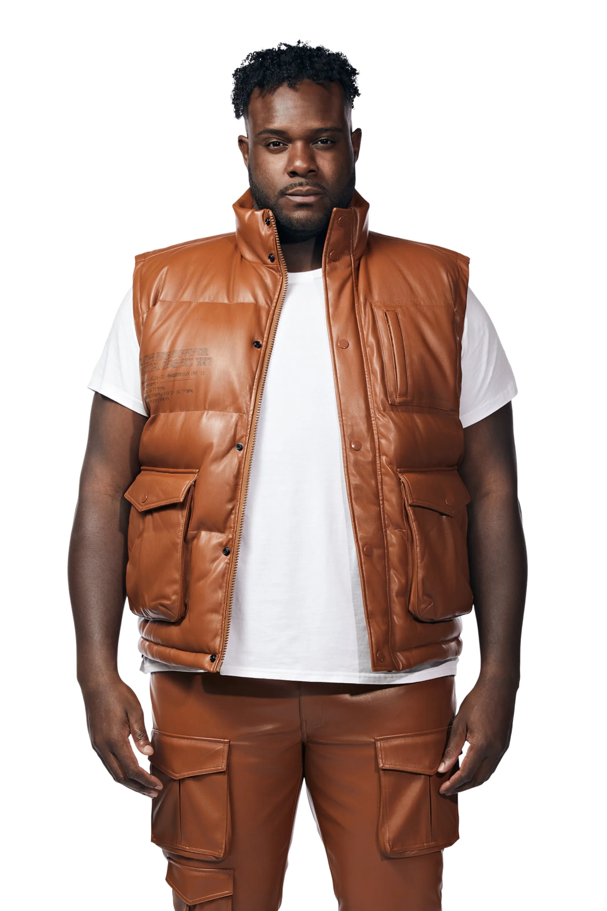 Big And Tall Utility Vegan Leather Vest - Cognac