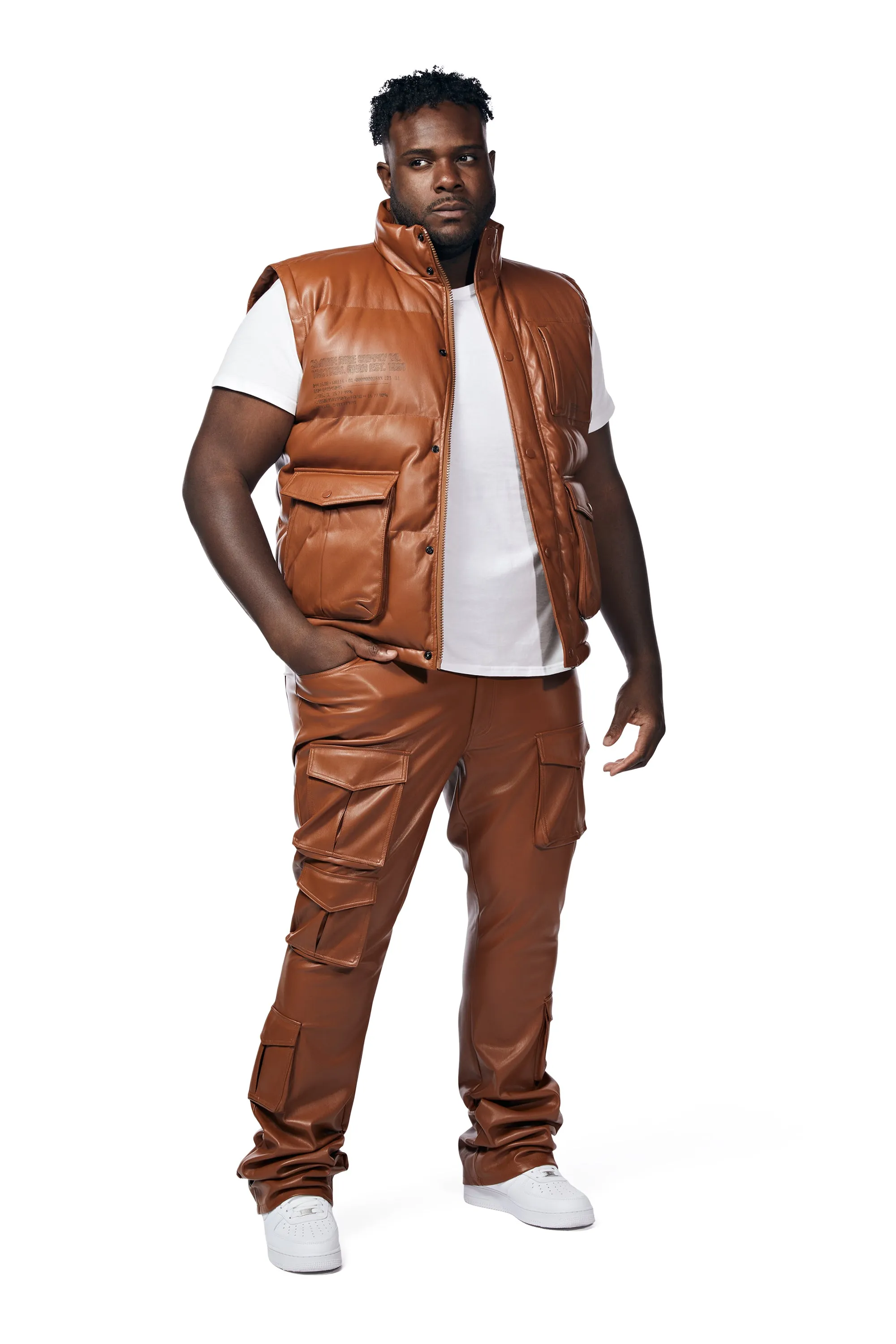 Big And Tall Utility Vegan Leather Vest - Cognac