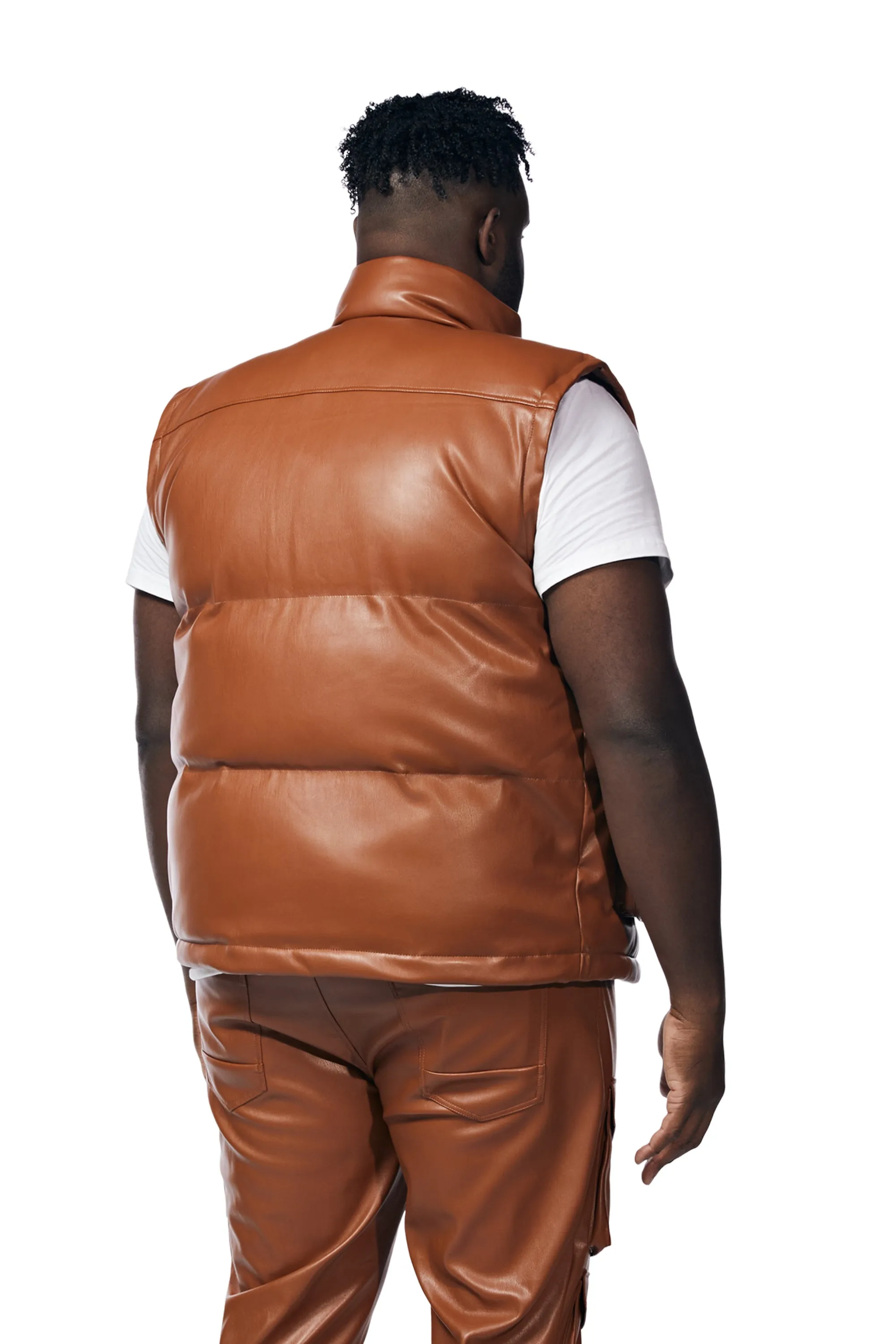 Big And Tall Utility Vegan Leather Vest - Cognac