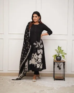 Black Cotton Self Print Salwar Suit Set