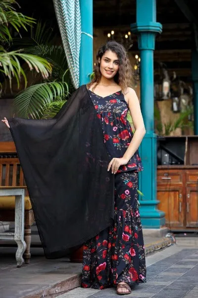 Black Crepe Floral Digital Print Sharara Suit Set