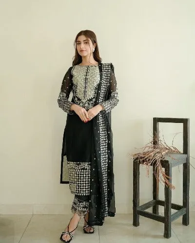 Black Embellished Georgette Designer Straight Suit Set