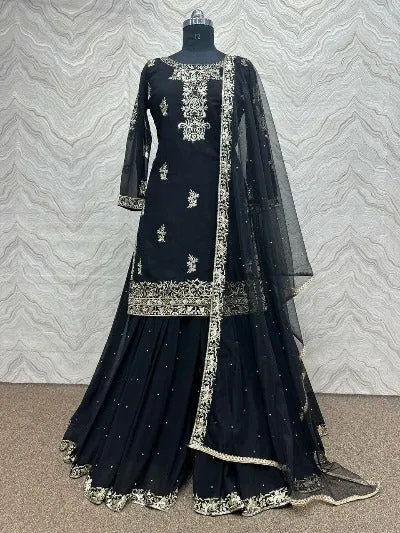 Black Georgette Embroidered Occasion Wear Palazzo Suit Set