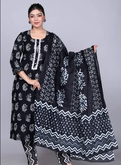 Black Pure Cotton Printed Salwar Suit Set