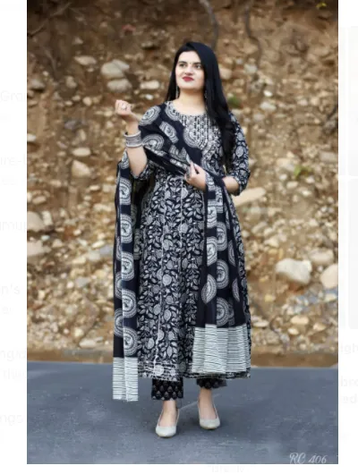 Black White Cotton Kurti Palazo Dupatta Set of 3