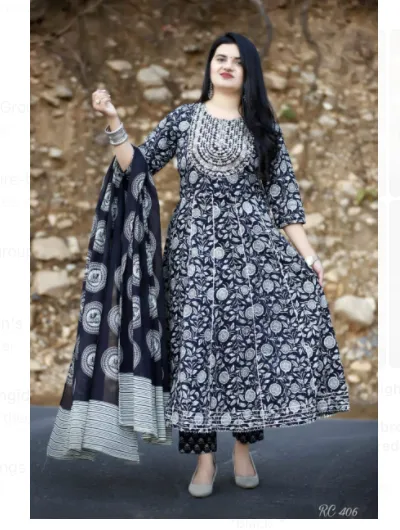 Black White Cotton Kurti Palazo Dupatta Set of 3