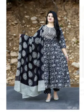 Black White Cotton Kurti Palazo Dupatta Set of 3