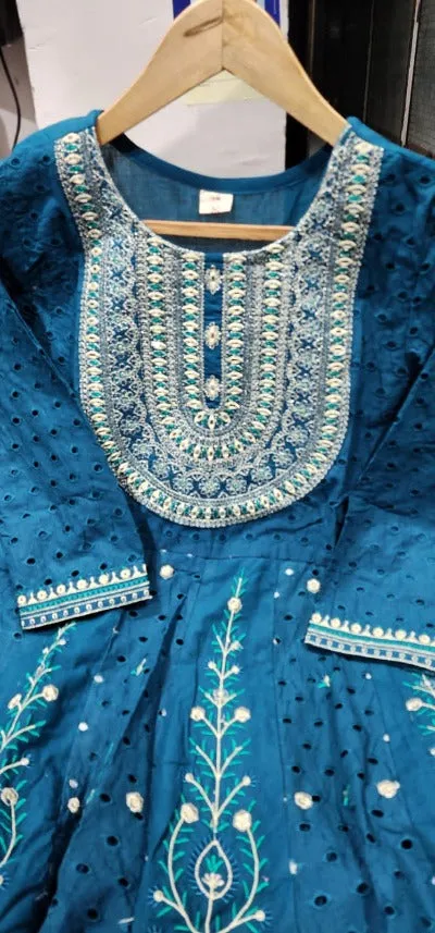 Blue Cotton Schiffli Embroidery & Mirror Work Anarkali Suit Set